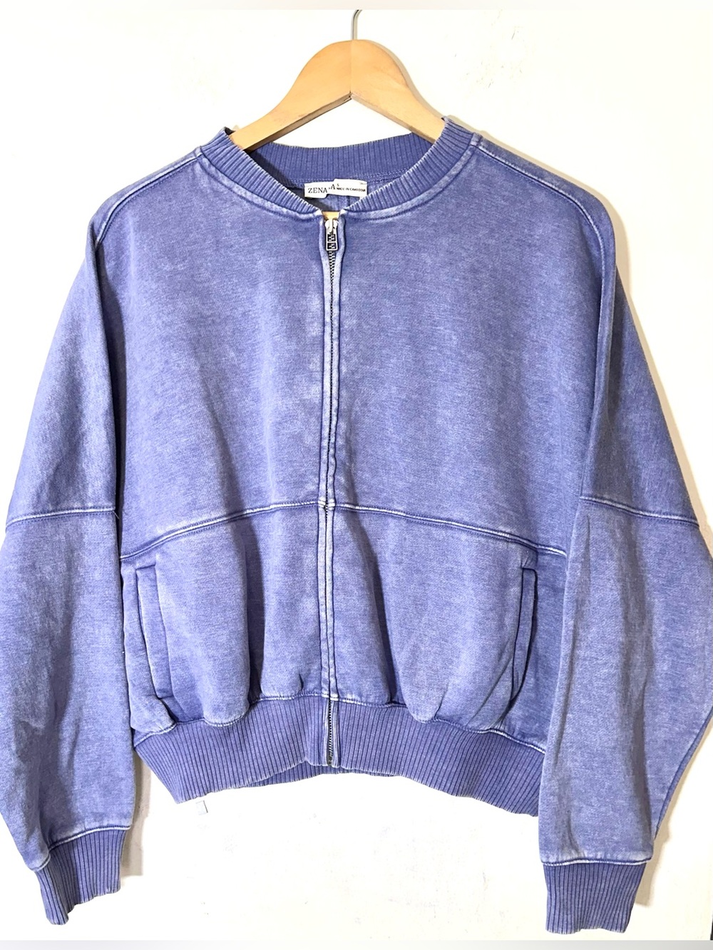 Zenana Acid Washed Fleece Bomber Jacket Women’s Marlin Color - Picture 2 of 7